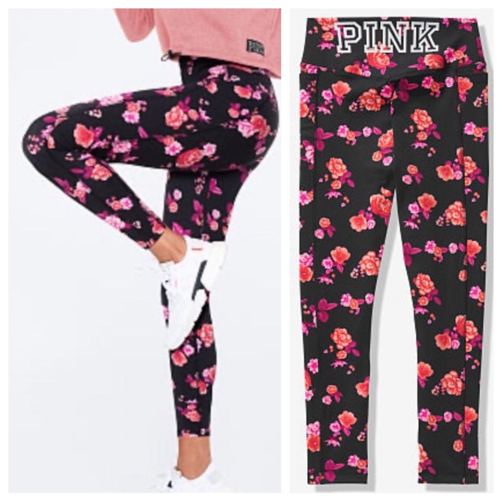 VS VICTORIAS SECRET PINK ULTIMATE HIGH WAIST LEGGING PANT SWEATS BLACK FLORAL L